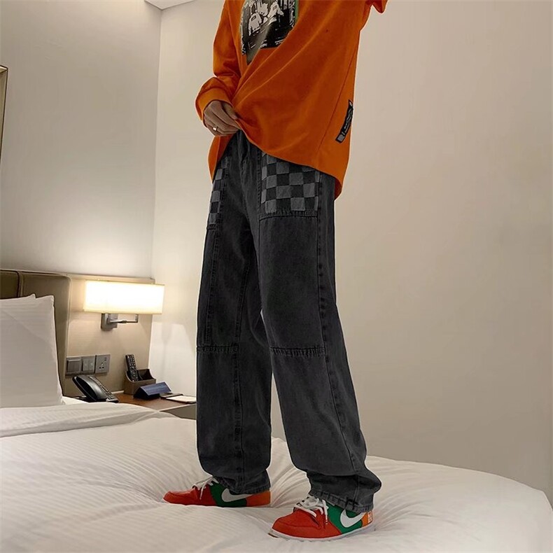 格子拼接牛仔裤男ins潮牌美式vibe炸街宽松休闲长裤RK1904-P35图片