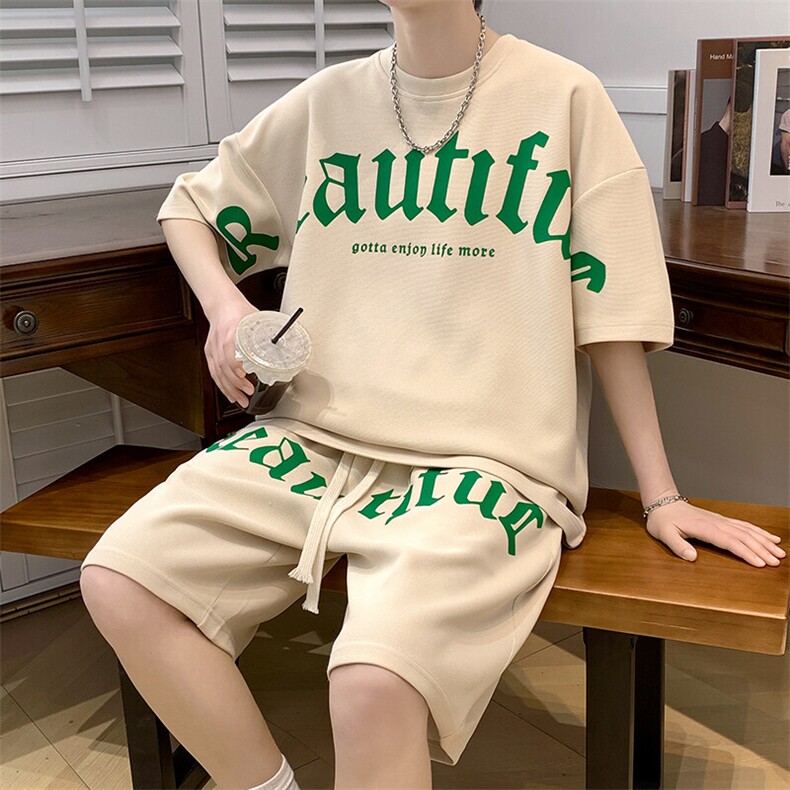2025夏季新款运动服短袖T恤运动套装潮男痞帅一套搭配宽松短裤P45,男装T恤,星座1113