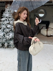 韩版针织连帽假两件短款羽绒服女2025冬装保暖皮衣夹克外套上衣潮，女装皮衣，艾米莉亚