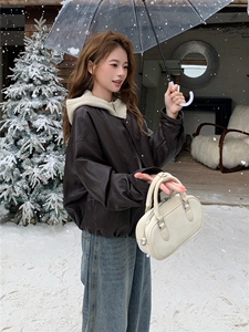 韩版针织连帽假两件短款羽绒服女2025冬装保暖皮衣夹克外套上衣潮图片