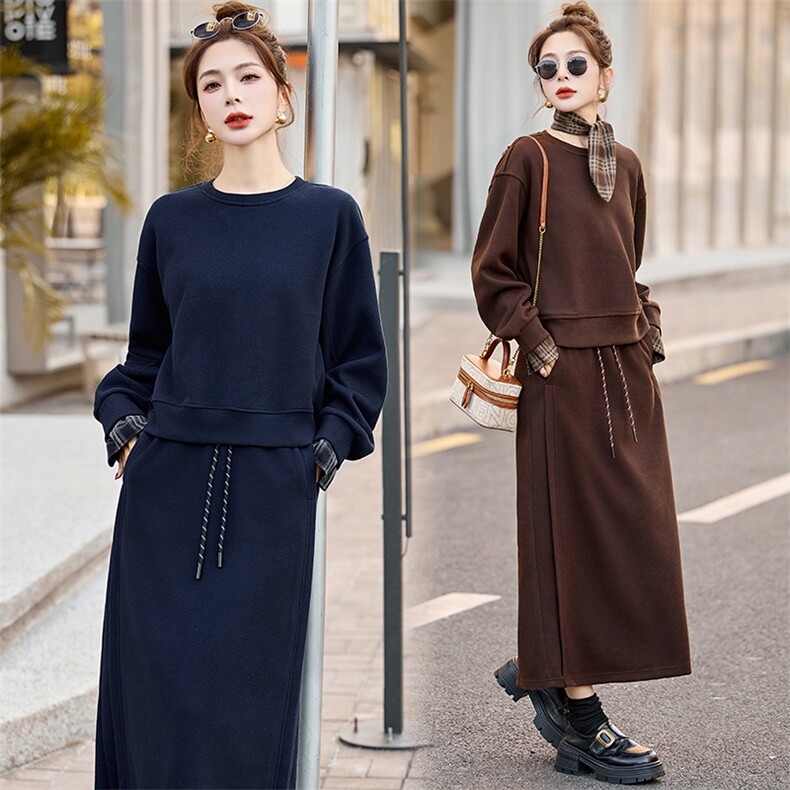 韩版假两件运动风卫衣套装女2025春秋时尚休闲洋气显瘦长裙两件套图片
