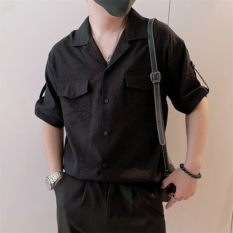 8949/P58控88夏季小伙高级感暗黑风工装开衫男士短袖T恤上衣黑首1,男装T恤,星座305B