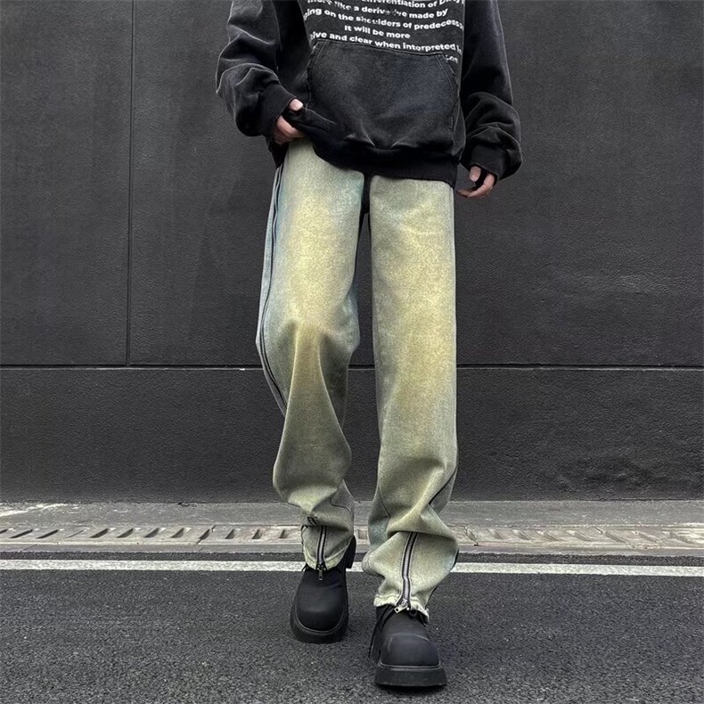 黄泥染水洗牛仔裤ins高街男欧美hiphop裤子vibe拉链直筒裤~NK7070,男装牛仔裤,星座601-2