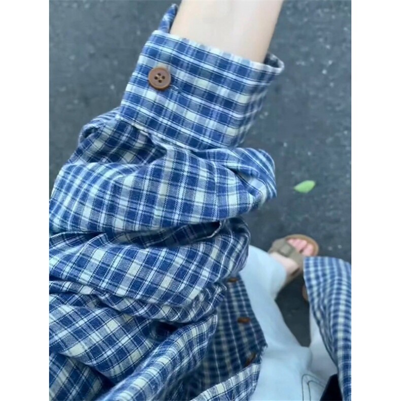 蓝色格子条纹长袖衬衫男女春秋衬衣小个子外搭法式复古外套C888,男装衬衫,星座1116A（原606A-3）