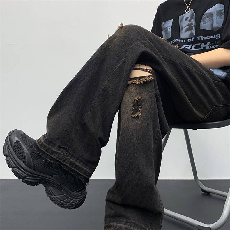 水洗做旧破洞牛仔裤潮牌夏季薄款宽松休闲裤,男装牛仔裤,星座410-7