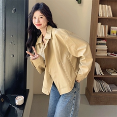 2025年春季新款黄色皮衣外套女百搭港风复古小个子机车服夹克上衣，女装皮衣，2C198