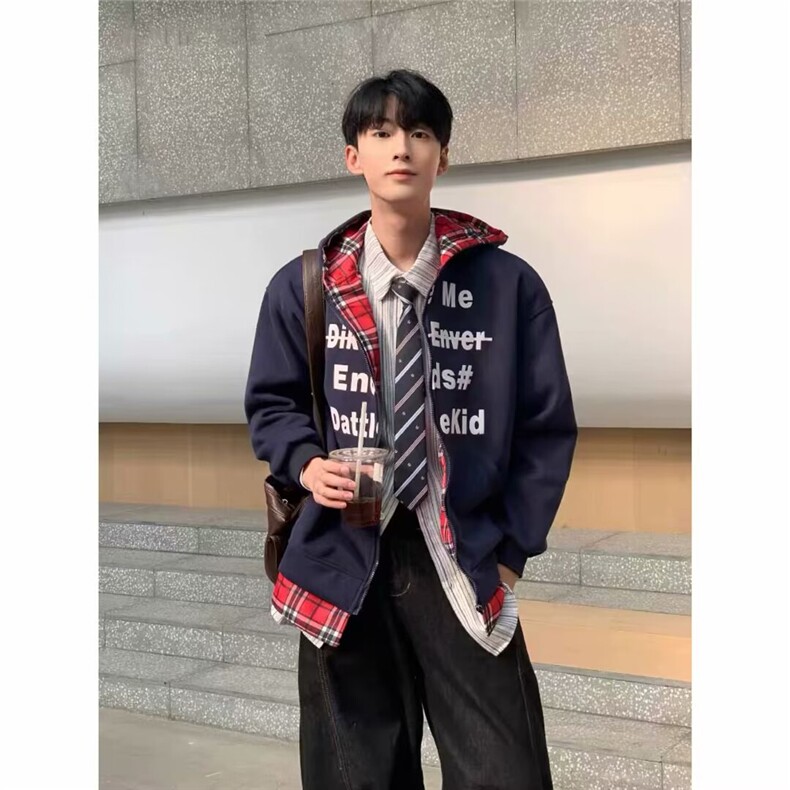 W9411-P53网图现货新款美式高街连帽假两件格子拼接开衫卫衣，男装卫衣，星座1608-2