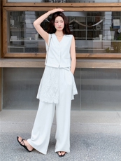 韩系松弛感蕾丝拼接马甲套装女2026夏季新款休闲阔腿裤两件套，女装套装/套裙，冬木谷雨