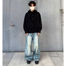 蓝色阔腿牛仔裤男2024新款垂感显高弯刀裤设计休闲长裤潮，男装牛仔裤，星座506A