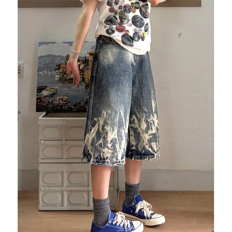 大码美式复古闪电爆裂纹牛仔七分裤夏季新款高腰宽松阔腿中裤子,男装牛仔裤,星座601-1
