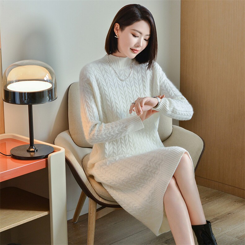 新品女秋季时尚麻花针织连衣裙长袖修身显瘦羊毛长裙百搭气质优雅,女装连衣裙,宋氏羊绒