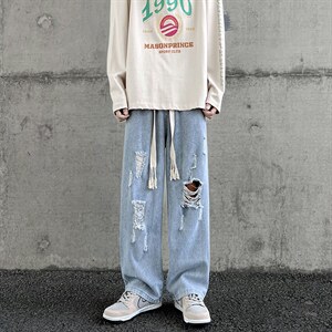 膝盖破洞牛仔裤男直筒ins高街潮牌港风阔脚拖地宽松裤子N0313-P40图片