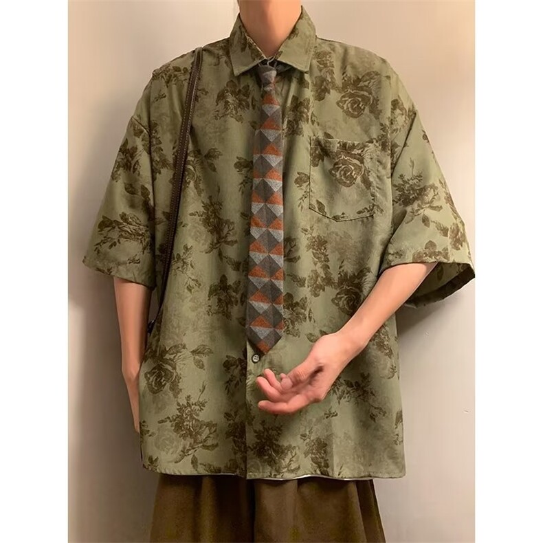 新款复古碎花短袖衬衫男女设计感小众港味百搭领带衬衣夏季外套图片