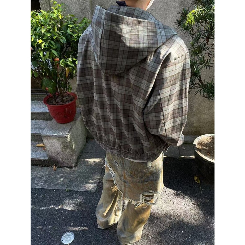 春秋复古氛围感美式格纹连帽夹克男外套宽松休闲格子上衣WJK913,男装夹克,星座208-5