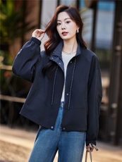高级感格子拼接抽绳立领短款夹克外套女2025秋季宽松时尚洋气上衣，女装短外套，靓衣阁