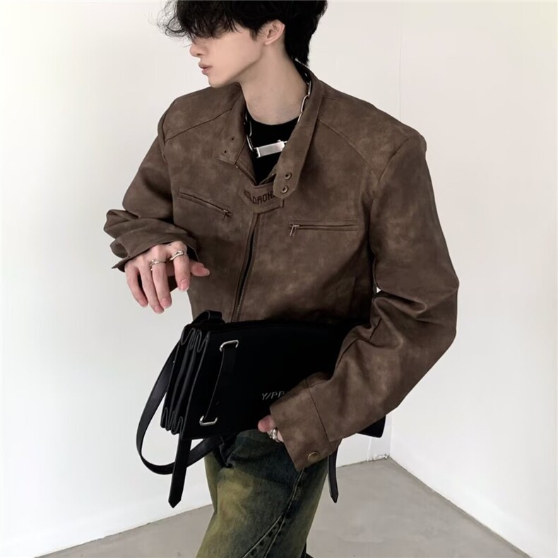 美美式痞帅短款垫肩外套男高级感飞行夹皮衣立领机车服G141-P75,男装皮衣,星座310A-4