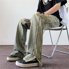 毛边拼接牛仔裤男夏季美式高街潮牌痞帅开叉微喇裤子2019-P45，男装牛仔裤，星座1001-1