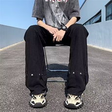 美式高街风黑色排扣牛仔裤男insR1032P45，男装牛仔裤，星座1116-2