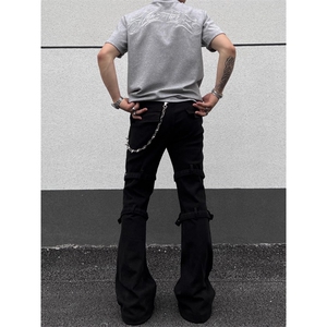 黑男美式高街纽扣绑带黑色牛仔裤小众设计感宽松直筒微喇裤子图片