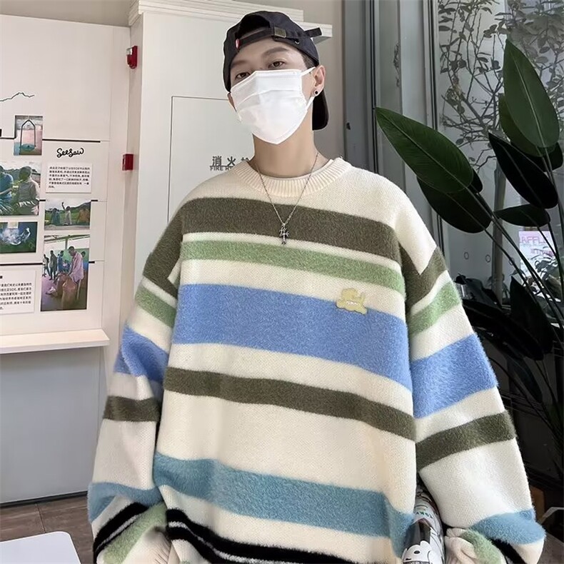 日系复古条纹针织衫男生秋季潮ins宽松情侣针织衫M5576P55,男装针织衫/毛衣,星座1116-2