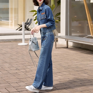 现货韩版时尚牛仔套装女春2024新款洋气显瘦显高牛仔两件套装潮图片