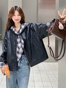 复古格子拼接连帽皮衣外套女2025秋新款设计感宽松短款机车服夹克图片