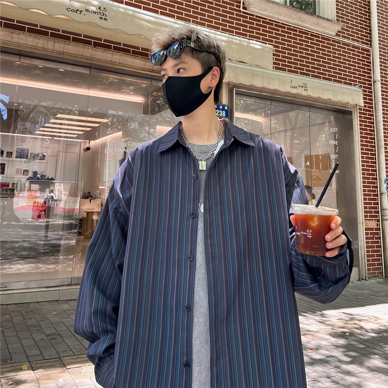 C235/P40秋季新款老钱风条纹衬衫男暗门襟设计感长袖男士衬衣,男装衬衫,电商基地A050