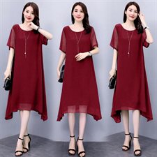 现货大码胖mm连衣裙夏中长款显瘦遮肚200斤中年妈妈真丝雪纺裙潮，女装连衣裙，深妍伊美