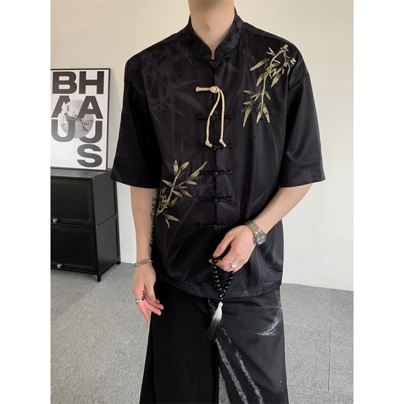夏装新中式风竹叶盘扣男女刺绣短袖衬衫唐装上衣民族服装汉服,男装T恤,星座909