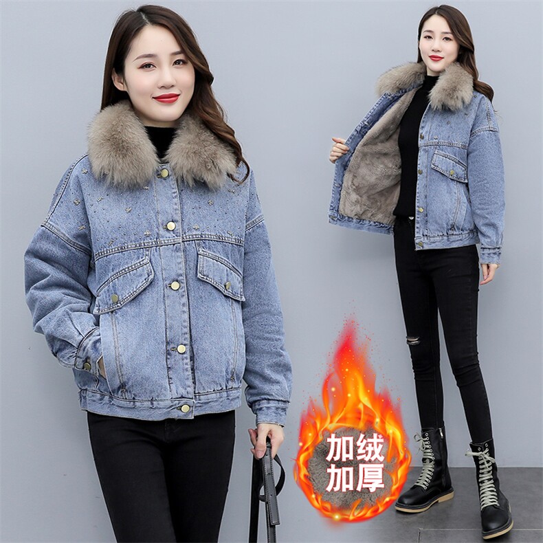冬季加绒烫钻时尚翻领口袋单排扣女装牛仔外套配狐狸毛毛领，女装短外套，微微衣阁