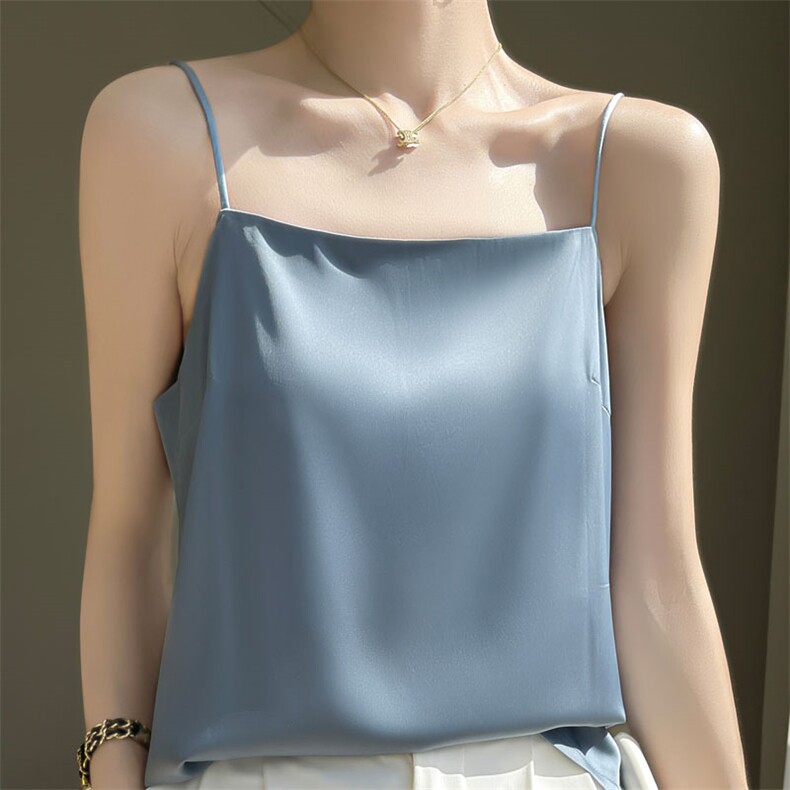 真丝吊带背心女夏季白色仿桑蚕丝外穿西装打底内搭醋酸缎面上衣，女装背心吊带，羊特美羊绒