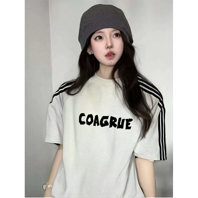 抖音得物品质二开240克宽松纯棉美式潮牌印花三条杠中性风短袖T恤,男装T恤,电商A486