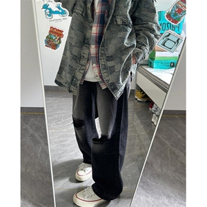毛边破洞设计水洗泛白做旧直筒牛仔裤宽松休闲男女老爹裤 N090图片