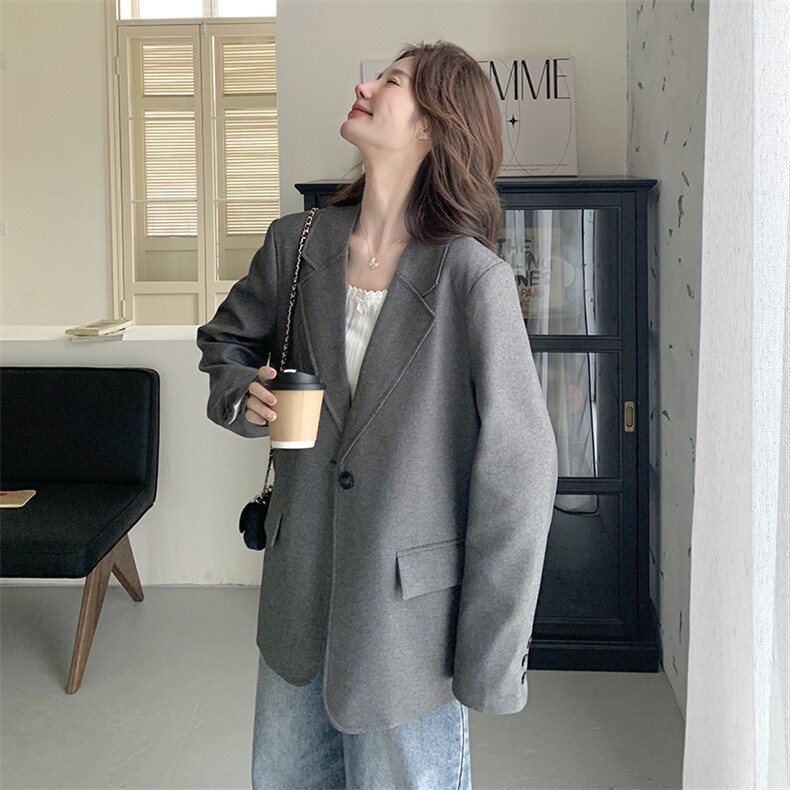 灰色休闲西装外套女2025春季新款韩系高级感宽松显瘦通勤时尚西服,女装西装,秋水欣儿