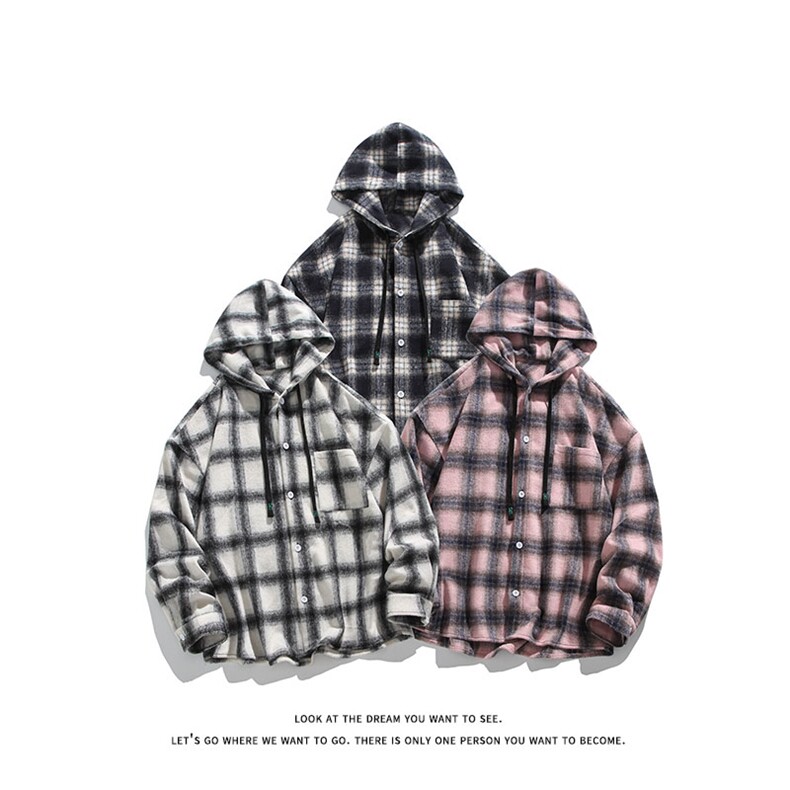 磨毛加厚连帽外套秋季美式慵懒风格子长袖衬衫C2257-特价P45，男装衬衫，电商A007