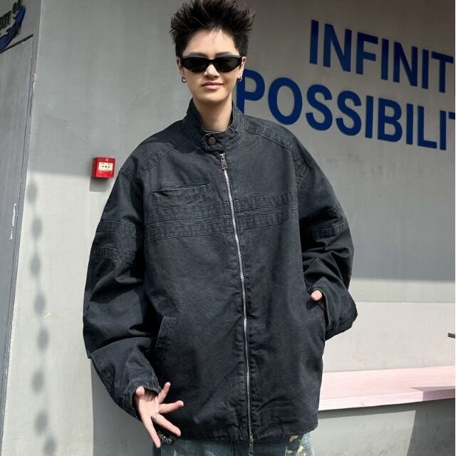 复古重磅水洗帆布垫肩外套男装潮流ins宽松廓形夹克上衣W9350/P96图片