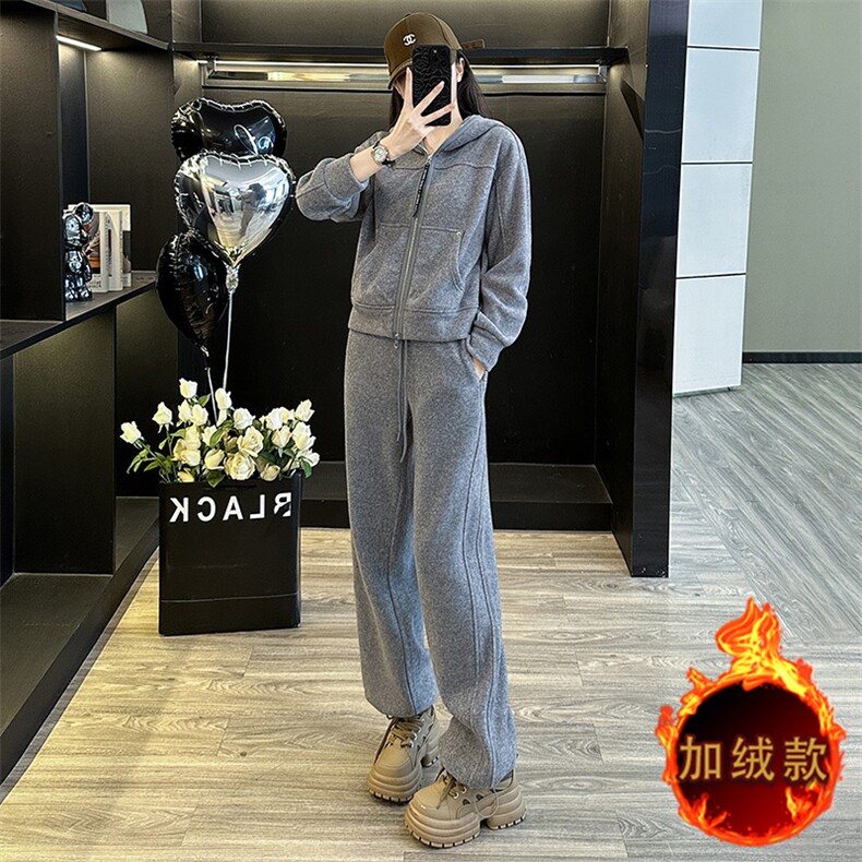 休闲设计感连帽开衫外套修身卫裤套装,女装套装/套裙,江南
