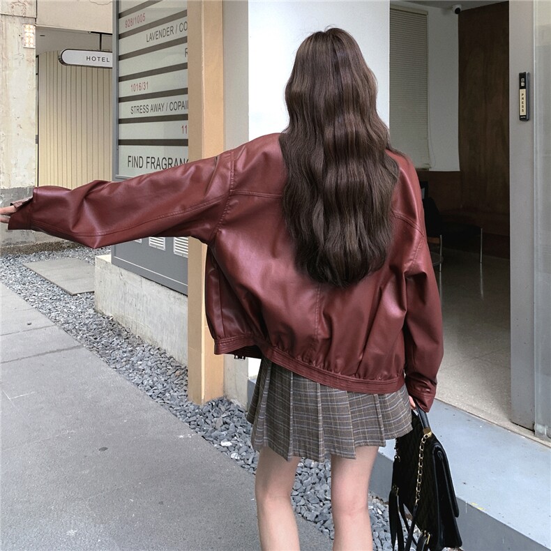 时髦炸街红色皮衣外套女2025秋季新款港风复古高级感气质短款夹克,女装皮衣,2D008