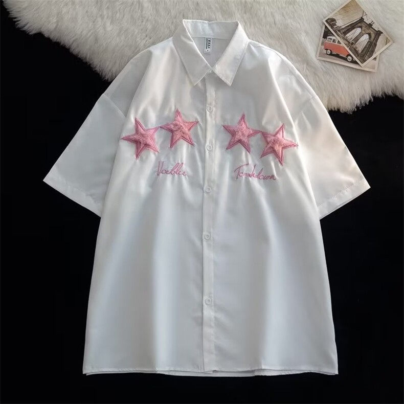 日系星星刺绣短袖衬衫男女夏季ins宽松潮高街痞帅CS113-P35,男装衬衫,星座1109-3
