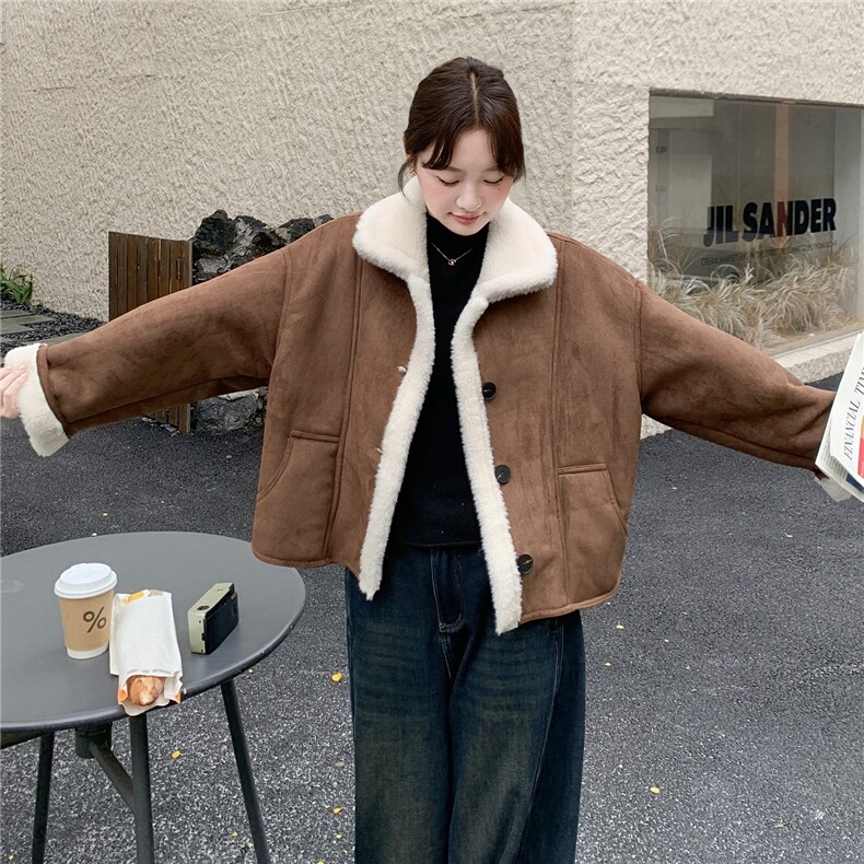 卡其色麂皮绒羊羔毛加厚保暖棉服H8356P185K278,女装棉衣/棉服,红龙果
