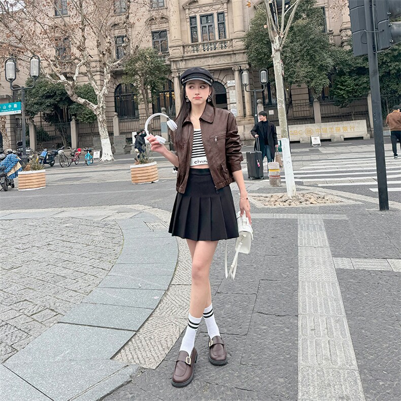 网红同款欧货新款复古泫雅风甜酷独特小众时尚皮外套女2024年春季,女装皮衣,江南女神