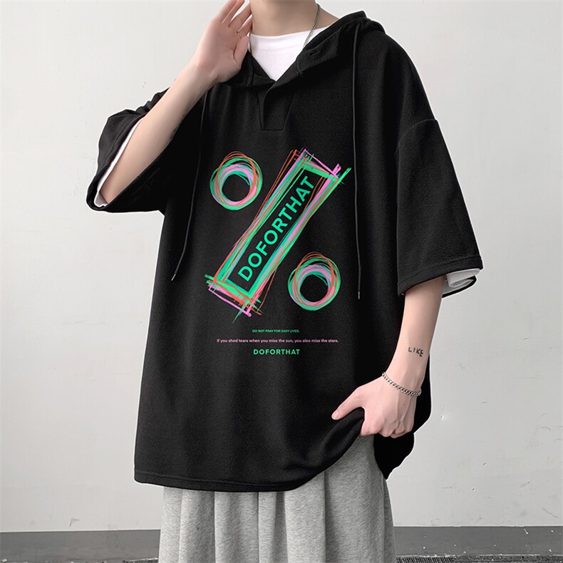 LD54171-P45连帽短袖t恤男大码胖子带帽五分袖中袖大皂风,男装T恤,电商A040