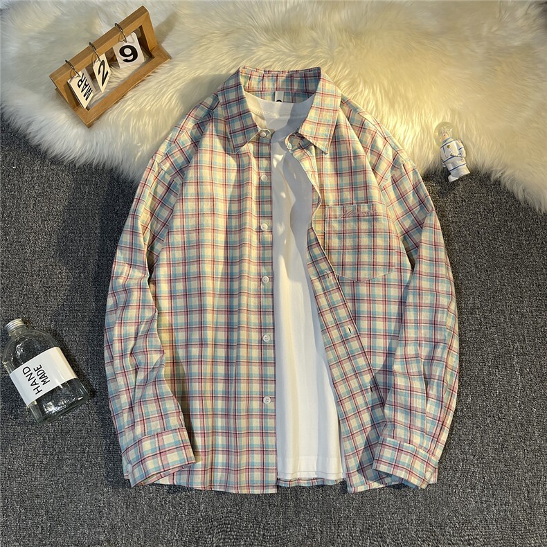 B413-1-DX882秋季新品港风宽松格子长袖衬衫男女休闲潮流外套衬衣,男装衬衫,电商B413-1