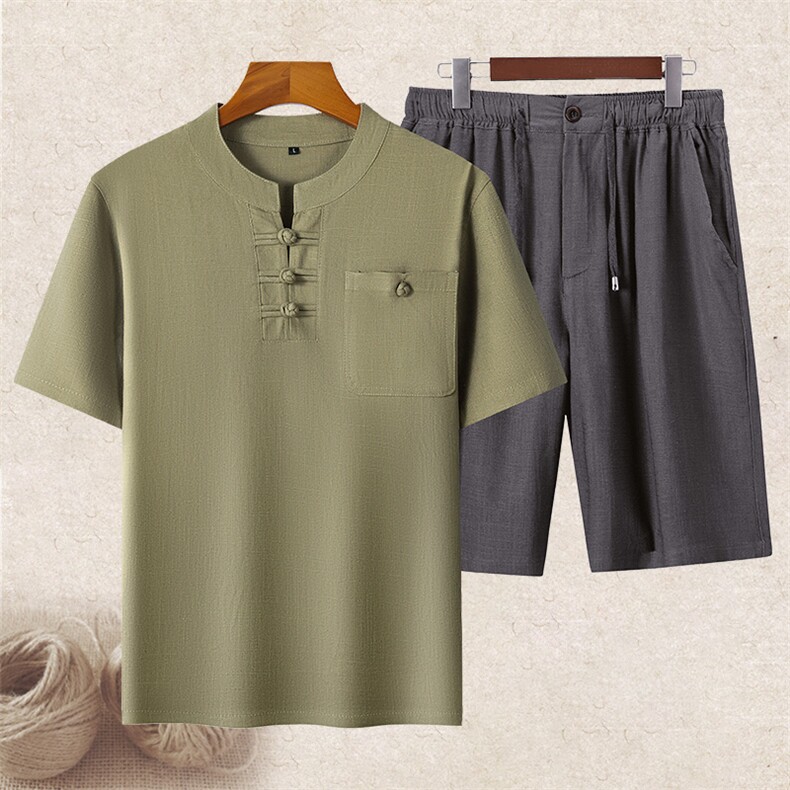 长期货主推夏装男士风棉麻短袖套装中老年爸爸装亚麻盘扣套装，男装T恤，钱塘723