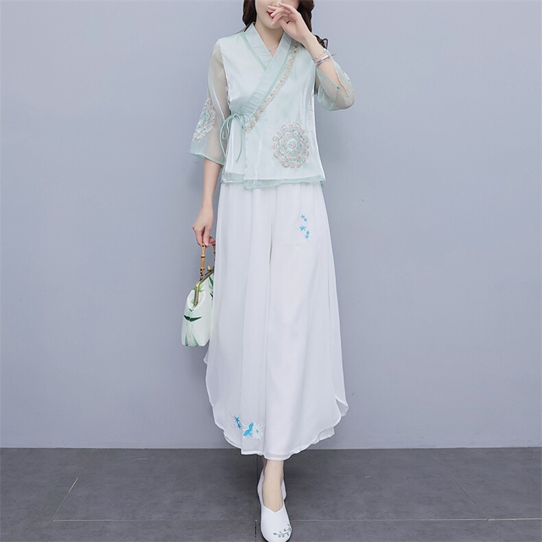 芷墨新款复古女装俩件套改良日常汉服套装超仙绣花中式上衣裤子女,女装套装/套裙,芷墨服饰