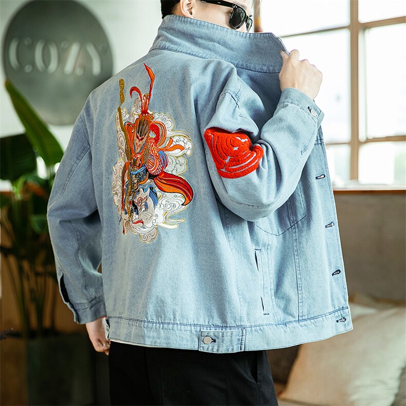 秋装大码风刺绣牛仔衣外套复古潮男女夹克唐装JK19/P150,男装工装外套,钱塘713