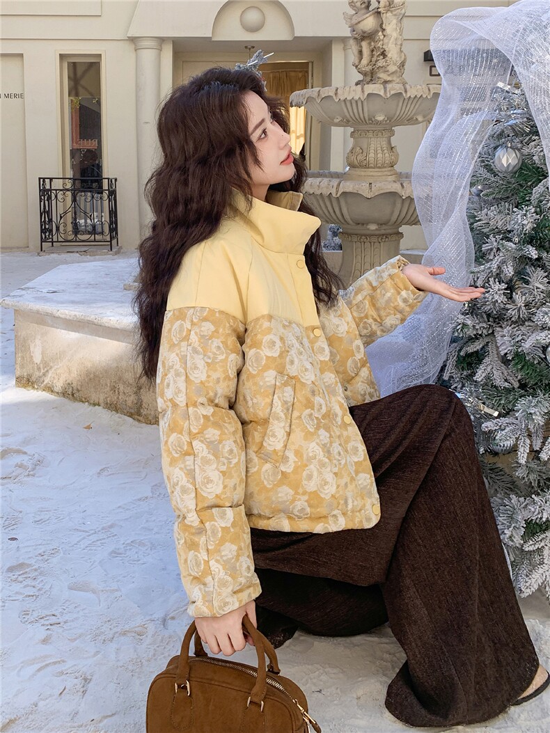 现货新款撞黄色买家秀已更风印花50羽绒2C282-995P245K388,女装羽绒服,2C282