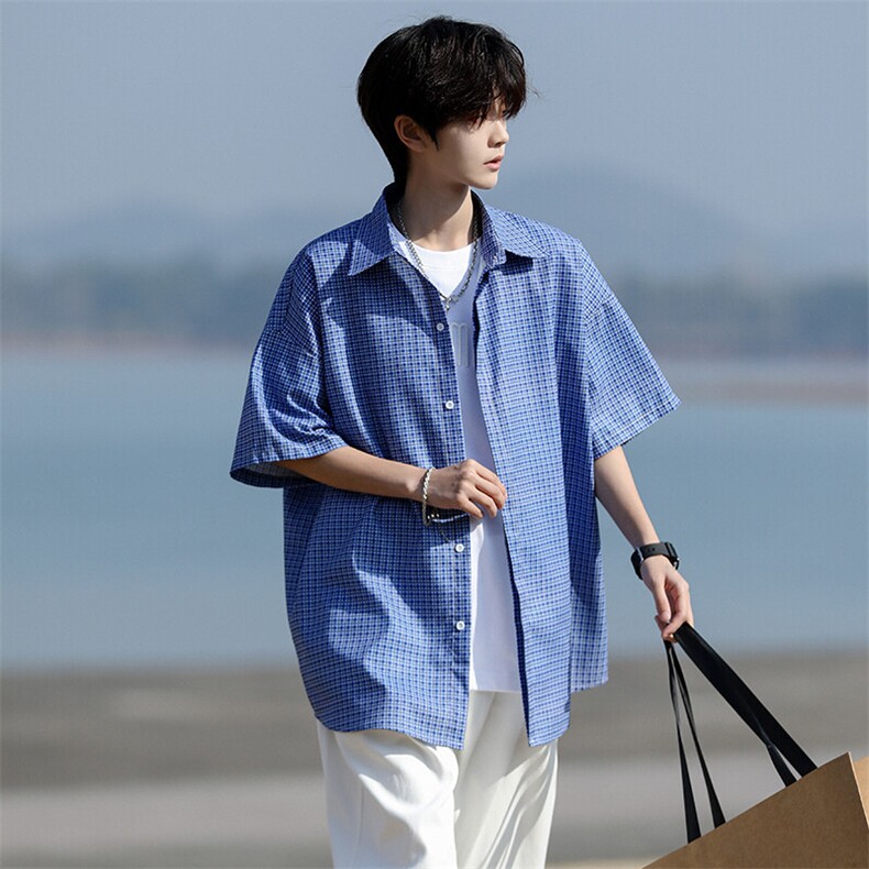 8XL-M短袖衬衫男夏宽松慵懒风痞帅条纹格子衫半袖外套DC28005P40,男装衬衫,电商B312