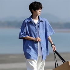 8XL-M短袖衬衫男夏宽松慵懒风痞帅条纹格子衫半袖外套DC28005P40，男装衬衫，电商B312