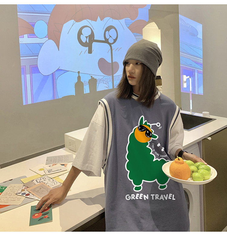 中性2022夏季新款设计感动物图案小领口条纹T恤T615P40控58,女装T恤,A247A